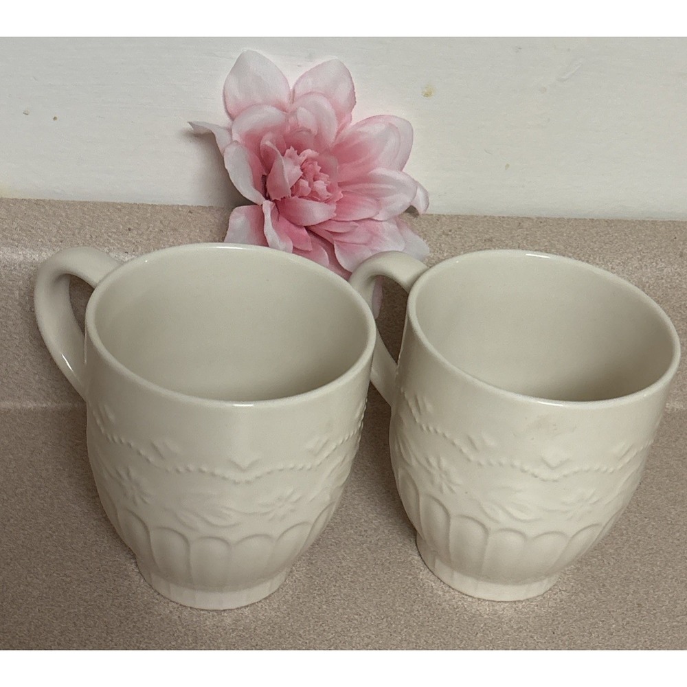 2 Pioneer Woman Large Toni Linen Cream Color Stoneware Mugs Coffee Cups 16 oz
